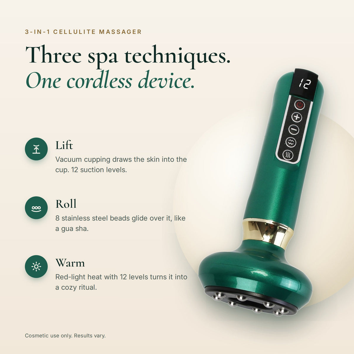 Three techniques in one device: vacuum cupping, rolling steel beads and red-light heat