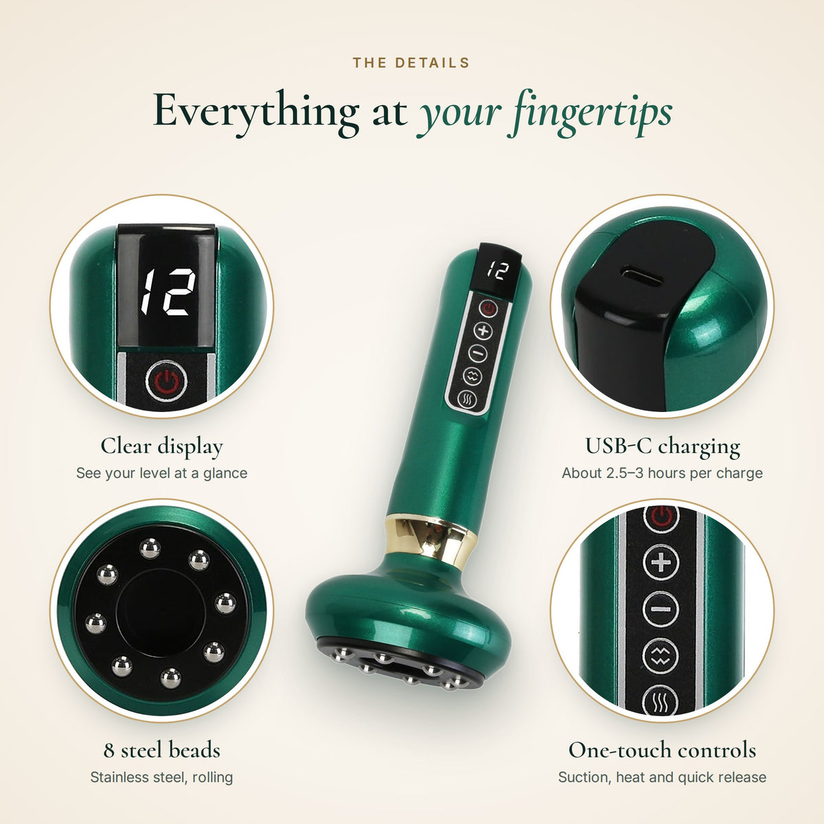 Massager details: clear display, USB-C charging, 8 steel beads and one-touch controls