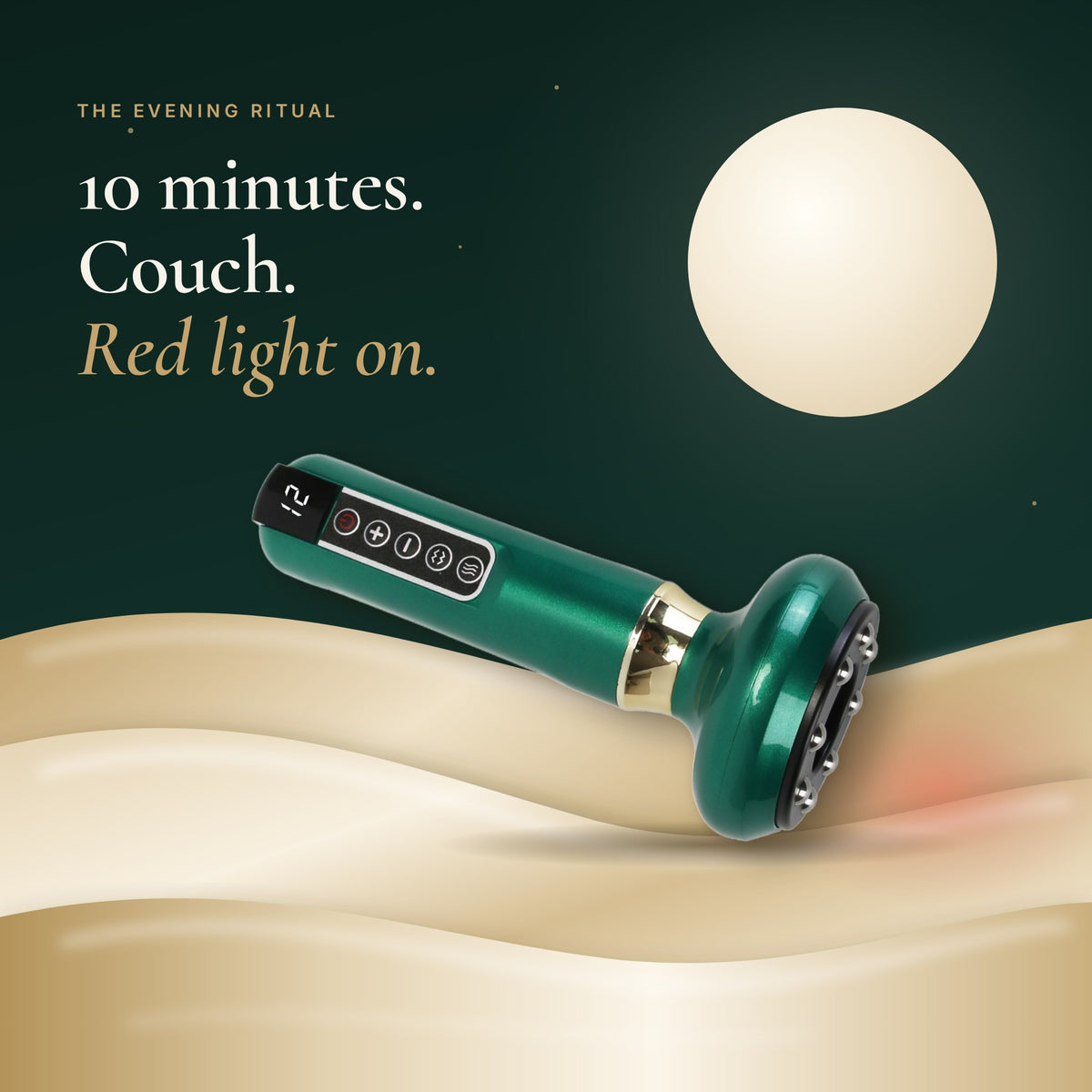 The Satinlune massager resting on satin at night