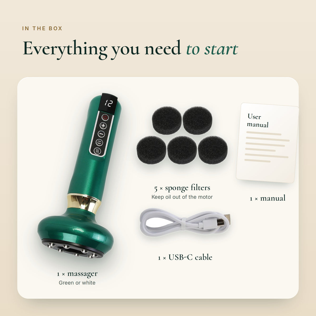 What's in the box: massager, 5 sponge filters, USB-C cable and manual