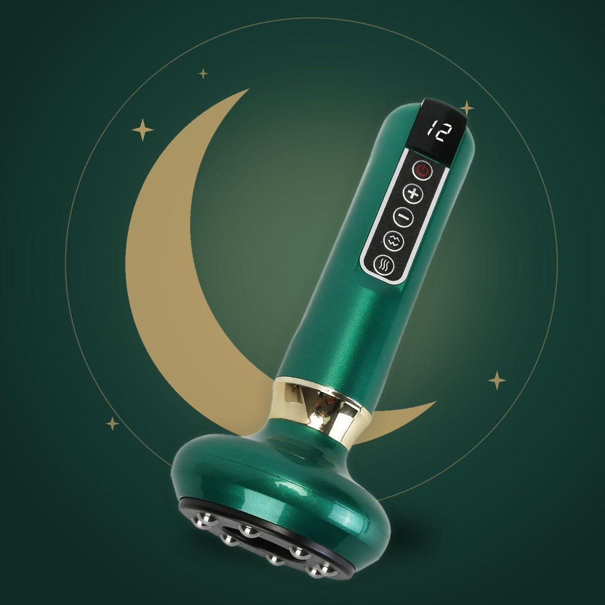 The green Satinlune massager in front of a golden crescent moon